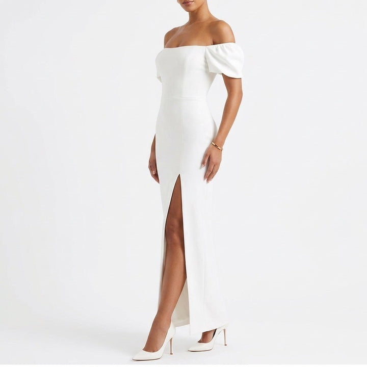 Lulus White Off The Shoulder Puff Sleeve Maxi Dress Side Slit Size L Formal