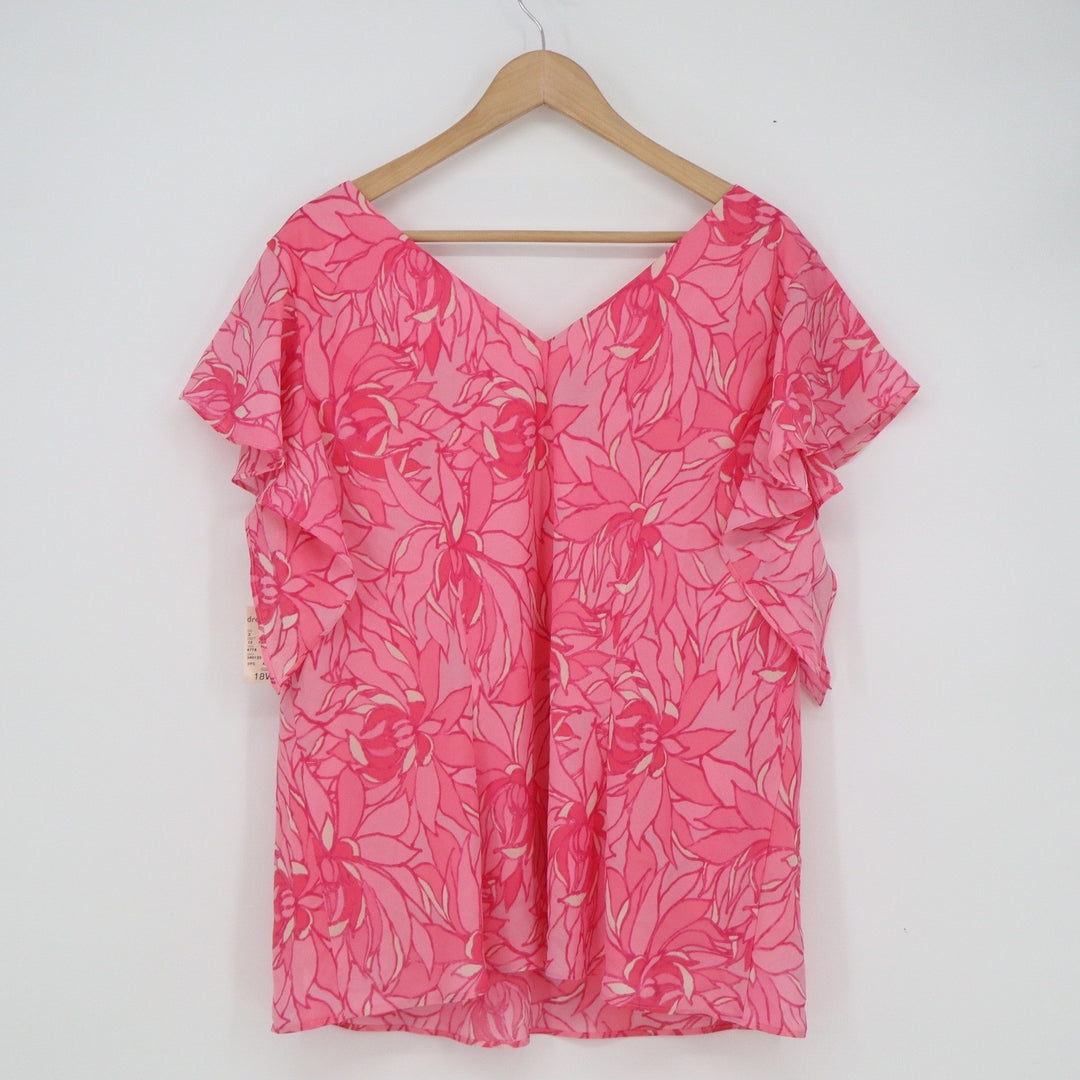Dressbarn Woman Pink Floral Sequin Ruffle Sleeve V-Neck Blouse Top 18W NEW