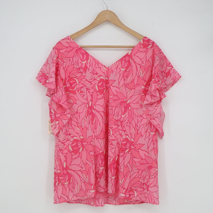 Dressbarn Woman Pink Floral Sequin Ruffle Sleeve V-Neck Blouse Top 18W NEW