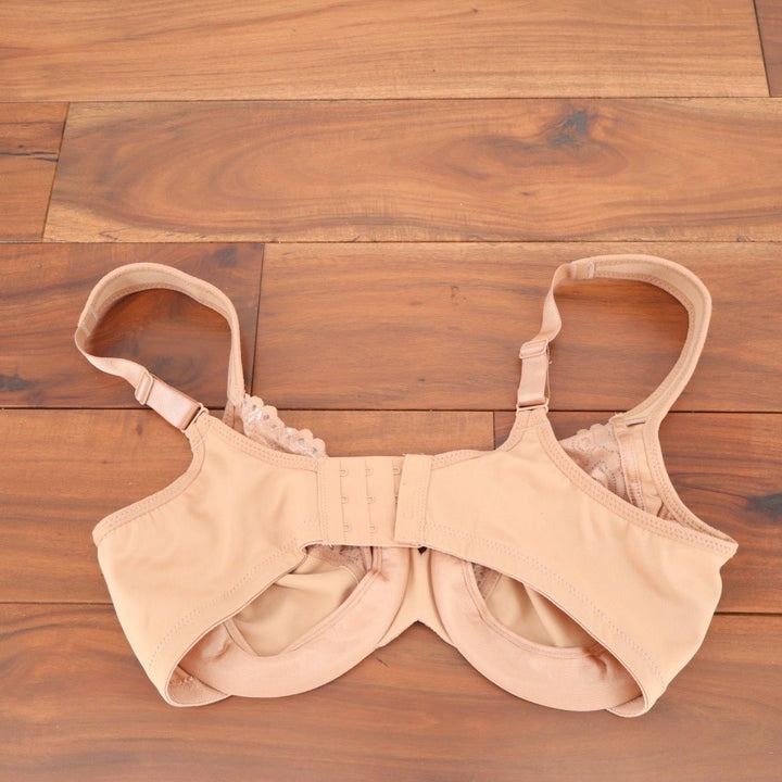Glamorise Low Cut Wonderwire Lace Bra Women 34D Nude Nylon Stretch Full Coverage