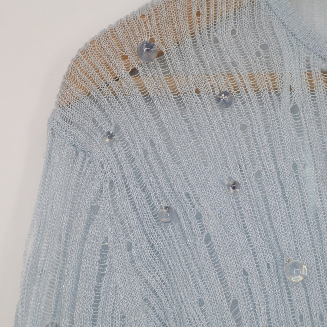 Zara Light Blue Beaded Pointelle Cropped Cardigan Long Sleeve Knit Top Size M