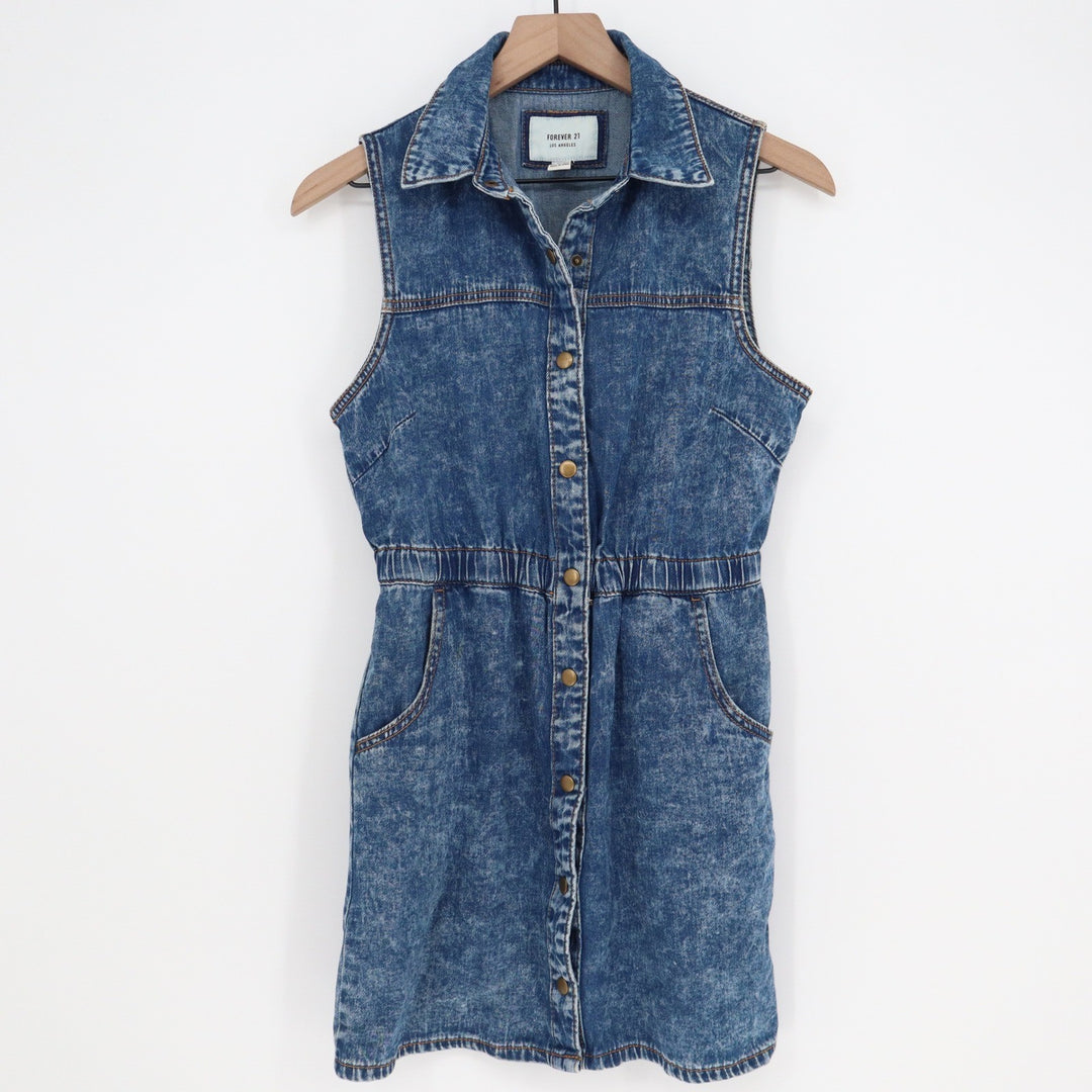 Forever 21 Womens Blue Acid Wash Denim Sleeveless Button Front Mini Dress Small