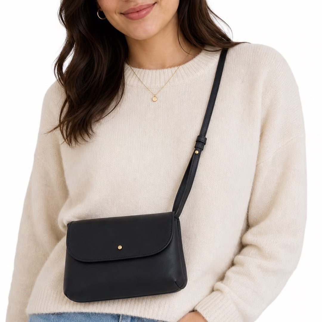 Parker Clay Black Ethiopian Leather Crossbody Bag Minimalist Gold Stud Closure