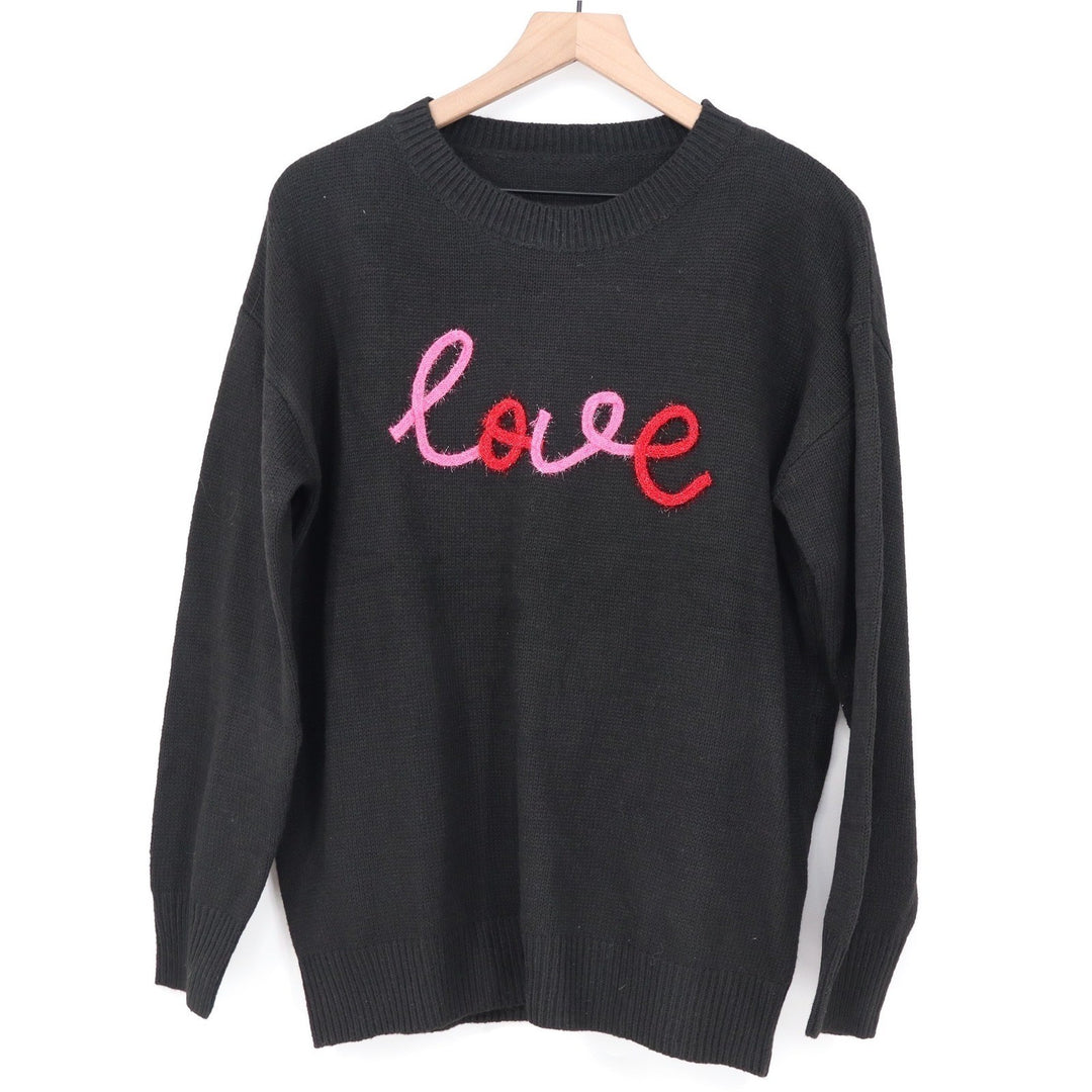 Unbranded Black Love Embroidered Crew Neck Knit Sweater Large Pink Red Graphic