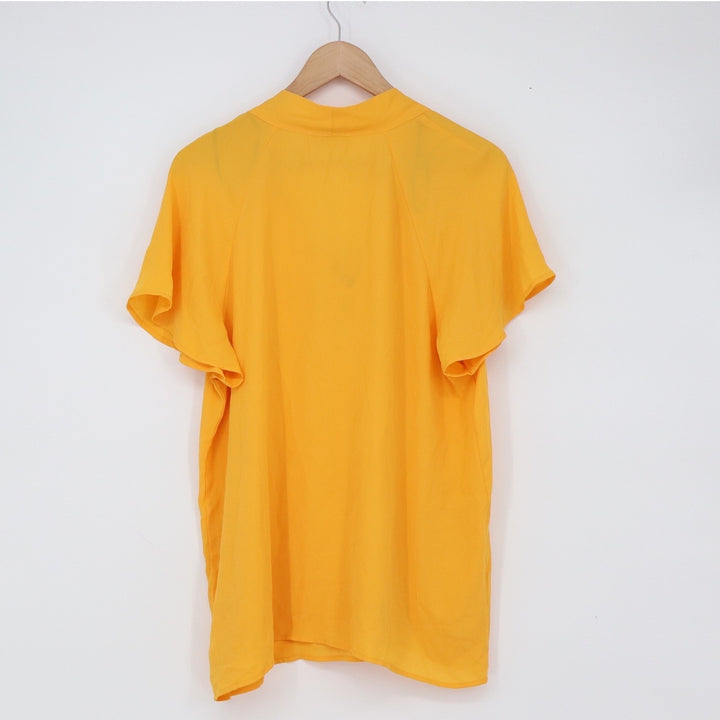 Pleione Blouse Womens L Yellow Tie Neck Short Sleeve Excellent