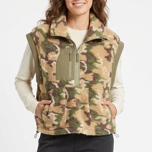 Crop Jacket Women's Multicolor Camo Half Zip Sherpa Fleece Cap Sleeve Pullover