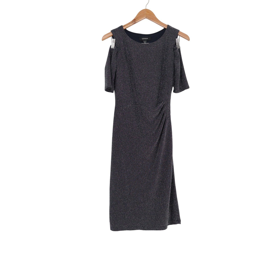 R&M Richards Womens Navy Blue Silver Metallic Cold Shoulder Ruched Dress Size 6