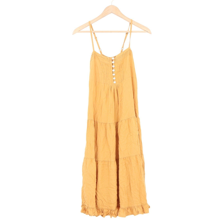 Kuini Collection Mustard Yellow Boho Tiered Midi Dress Small Rayon Button Front