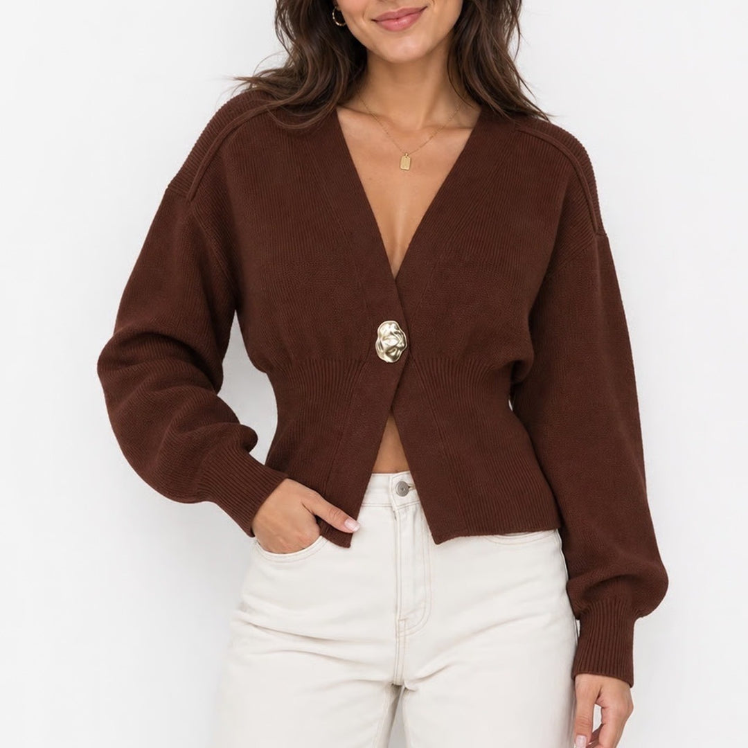 Stile by Per Lei Brown Ribbed Cardigan Statement Button Sweater L