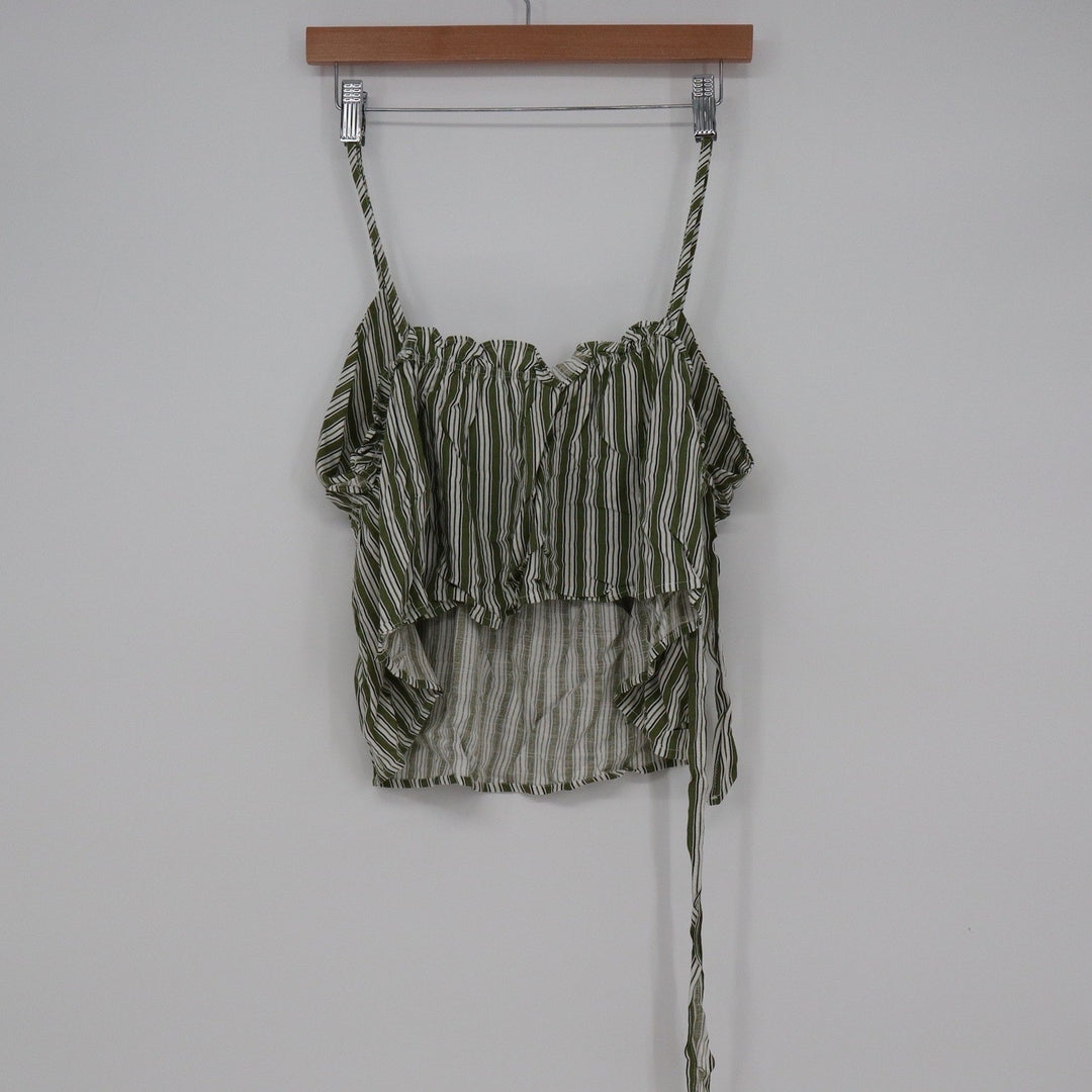 Shein Green White Striped Ruffle Camisole Crop Top Side Tie Size L