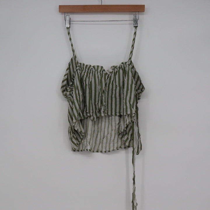 Shein Green White Striped Ruffle Camisole Crop Top Side Tie Size L