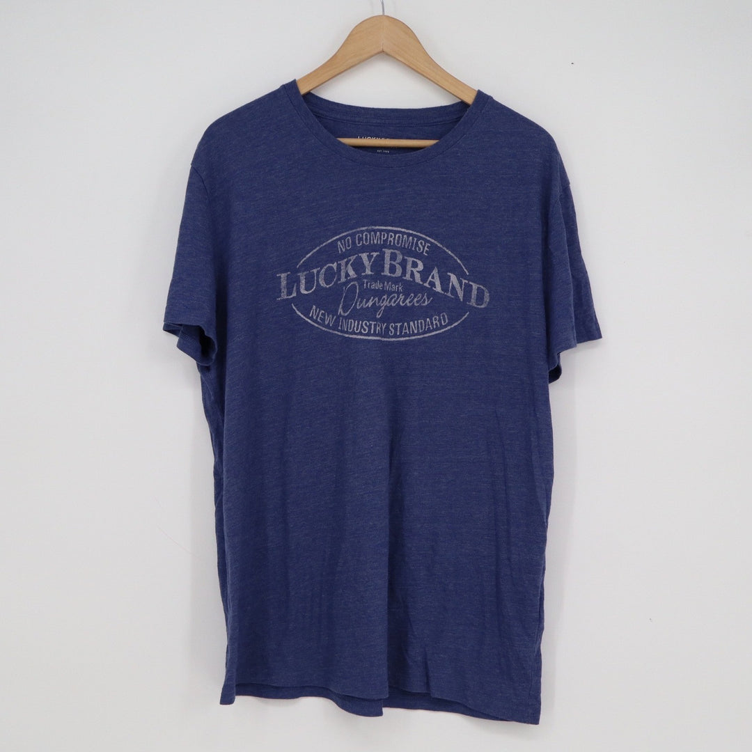 Lucky Brand Mens Heather Blue Graphic T-Shirt Dungarees Logo Size L