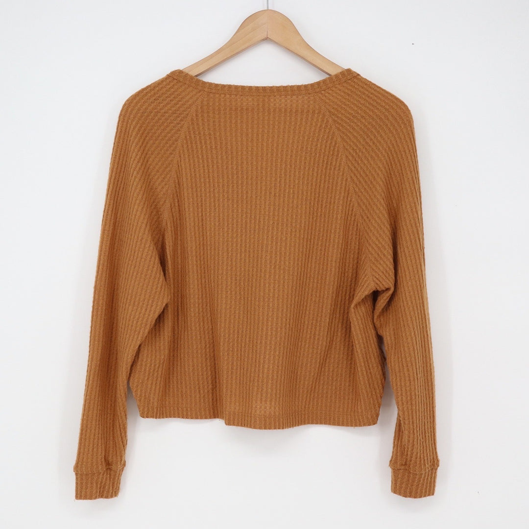 Abound Top Womens S Waffle Knit Brown Split Neck Cropped Thermal Excellent