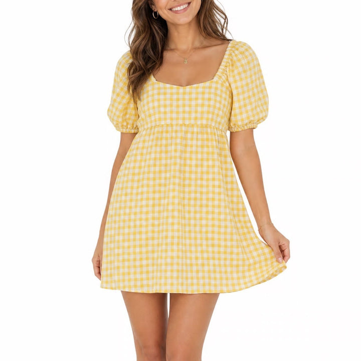 Old Navy Yellow Gingham Puff Sleeve Smocked Mini Dress Medium