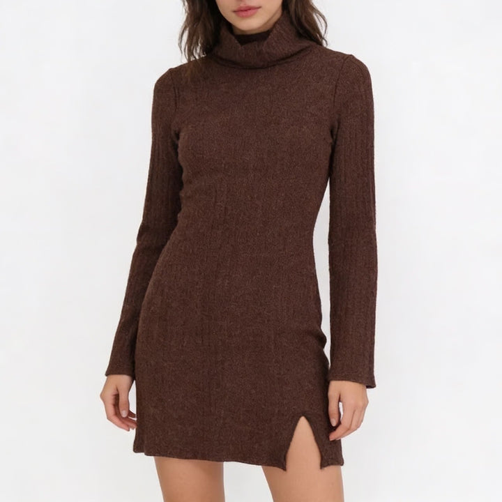 Gina Tricot Brown Turtleneck Ribbed Knit Mini Dress XS Long Bell Sleeve Slit