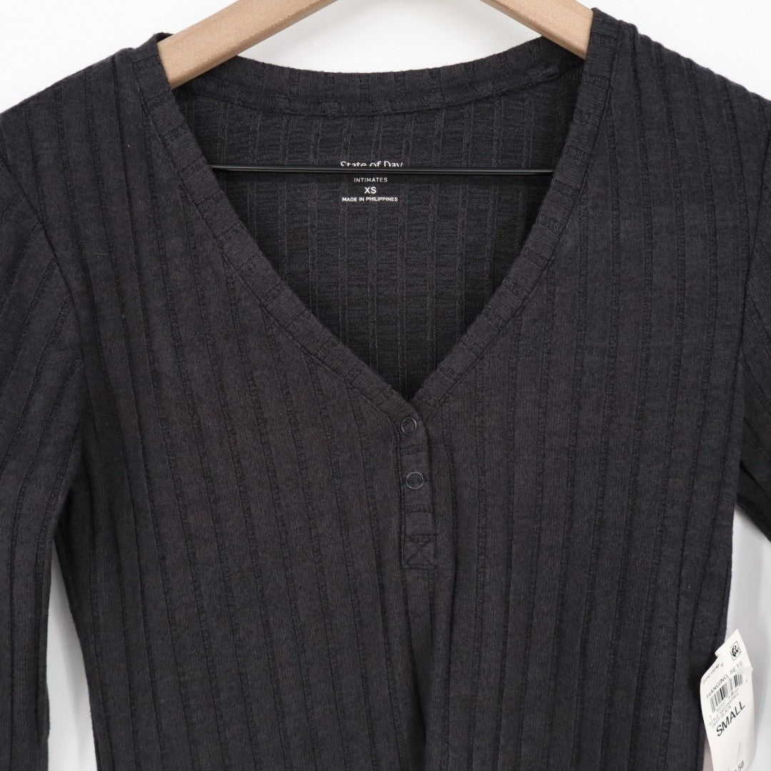 State of Day Intimates Pajama Top Women XS Deep Black Stretch Ribbed Henley Neck