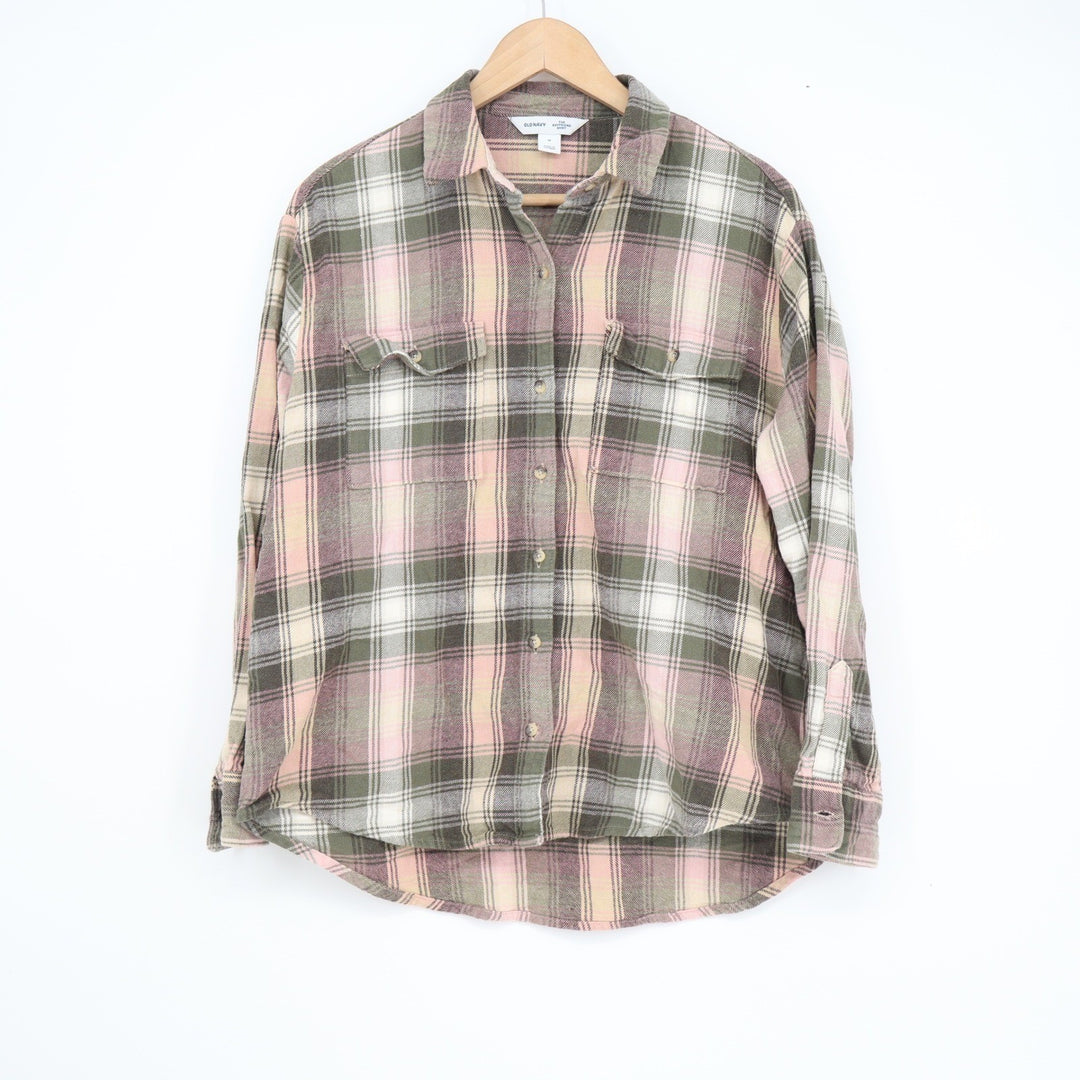Old Navy The Boyfriend Shirt Pink Olive Green Plaid Flannel Button Down Medium