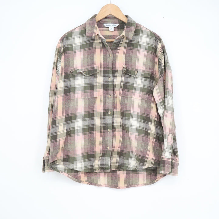 Old Navy The Boyfriend Shirt Pink Olive Green Plaid Flannel Button Down Medium