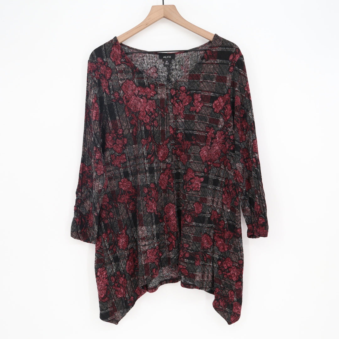 ALYX Tunic Womens 2X Floral Plaid Red Sharkbite Hem Stretch Knit Excellent