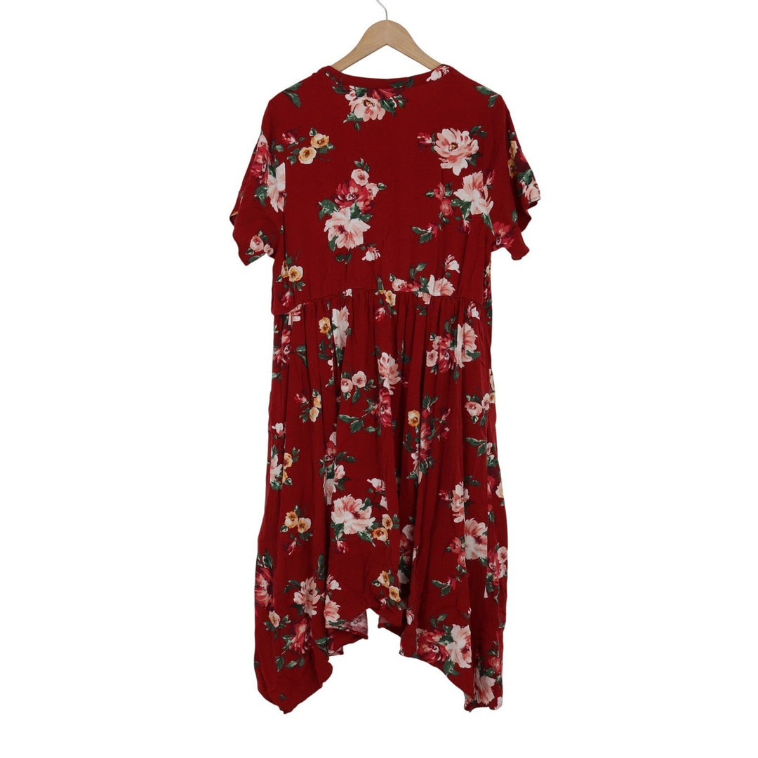 Torrid Red Floral Button Front Handkerchief Hem Midi Dress Size 2 Plus 2X V-Neck
