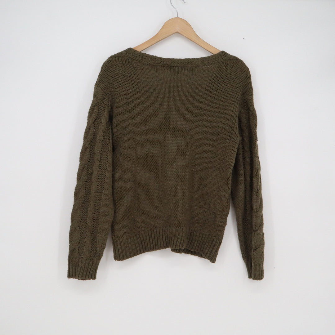 Wild Fable Olive Green Cable Knit Button Front V-Neck Cardigan Sweater Womens S