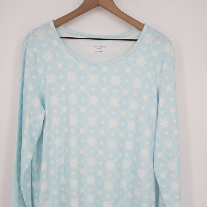 Charter Club Intimates Nightgown Womens L Blue Snowflake Round Neck Long Sleeve
