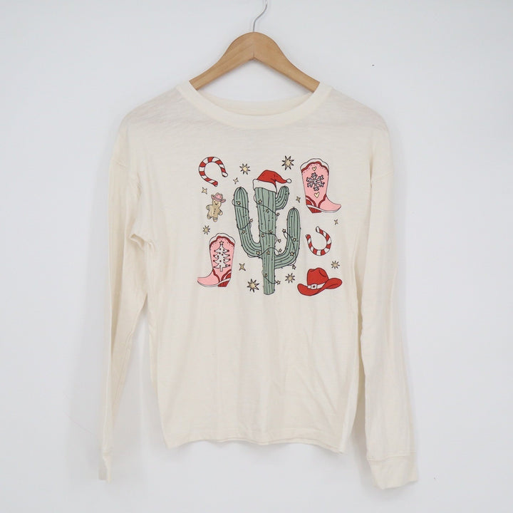 SO Girls XL 14/16 Christmas Cactus Western Graphic Long Sleeve Tee Cream Pink