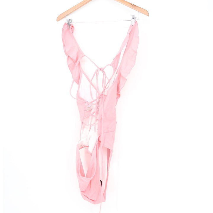 Zaful Pink Ruffle Deep V-Neck Lace-Up Back One Piece Swimsuit Womens Size L 8