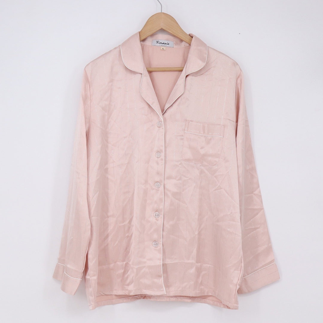 Yimanie Pajama Set Women XL Pinstripe Pink Metallic Button-down Excellent