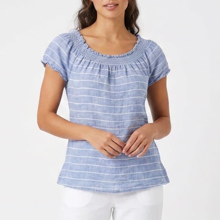 Beachlunchlounge Blue White Striped Linen Blend Smocked Neck Blouse Small
