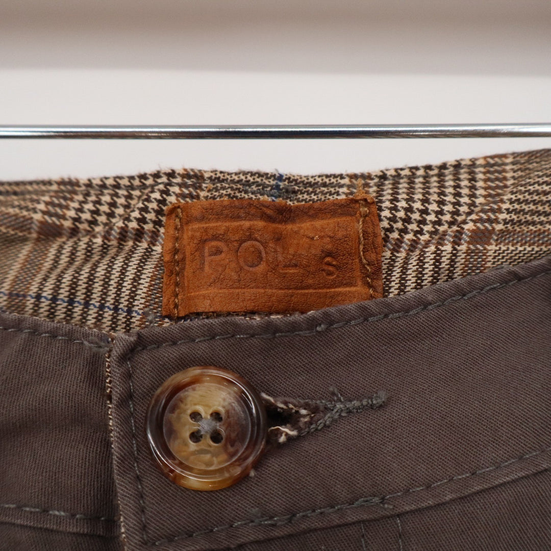 Pols Brown Plaid Trim Cotton Straight Leg Trousers Mens Size Small