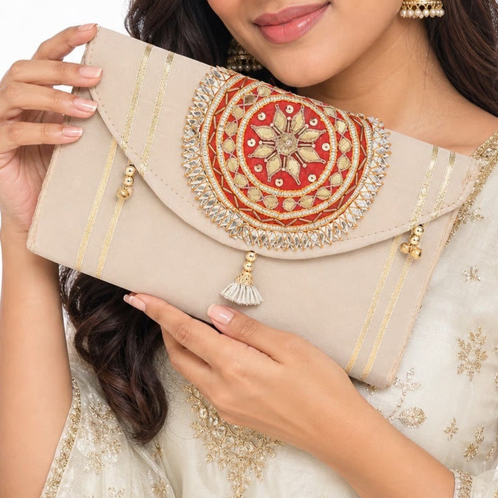 Indian Embroidered Cream Gold Red Tassel Clutch Evening Bag Handbag Wedding