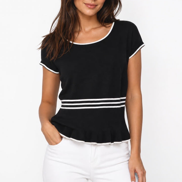 White House Black Market Black White Striped Peplum Knit Top Short Sleeve Medium