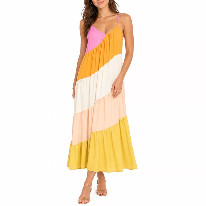 Stile Collection Rainbow Stripe Maxi Dress L Multi Colorblock Tiered Boho