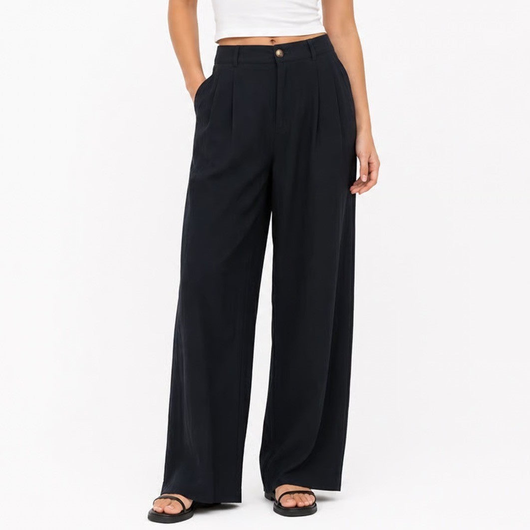 Navy Blue Wide Leg Pleated Trousers High Waist Elastic Back Pants Size L
