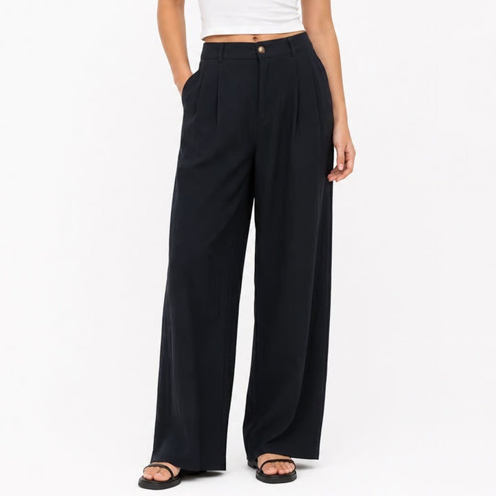 Navy Blue Wide Leg Pleated Trousers High Waist Elastic Back Pants Size L