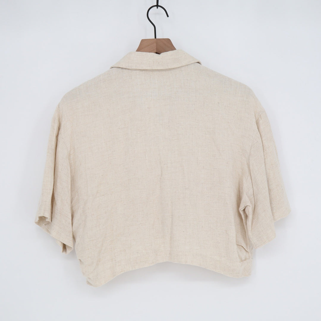 STIL Collection Oatmeal Cotton Linen Cropped Button Down Shirt Large