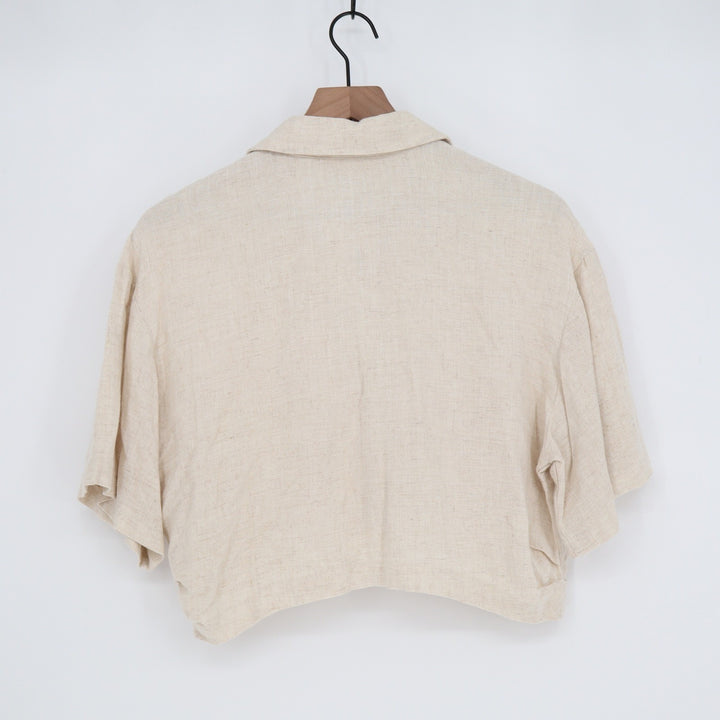 STIL Collection Oatmeal Cotton Linen Cropped Button Down Shirt Large