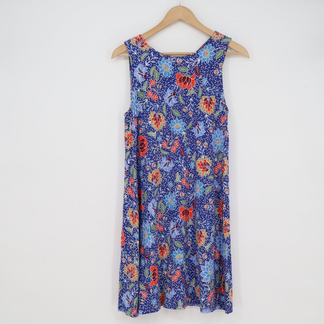 Loft Blue Floral Batik Sleeveless Shift Dress Back Cutout Mini Womens Size S