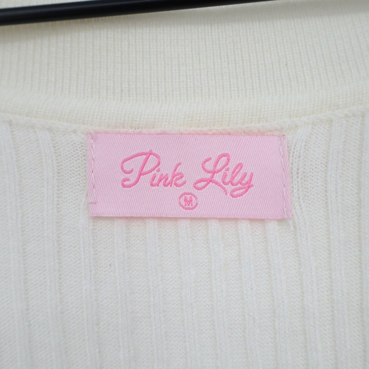 Pink Lily Midi Dress Womens Medium Ivory Ribbed Knit Long Sleeve Spread Collar