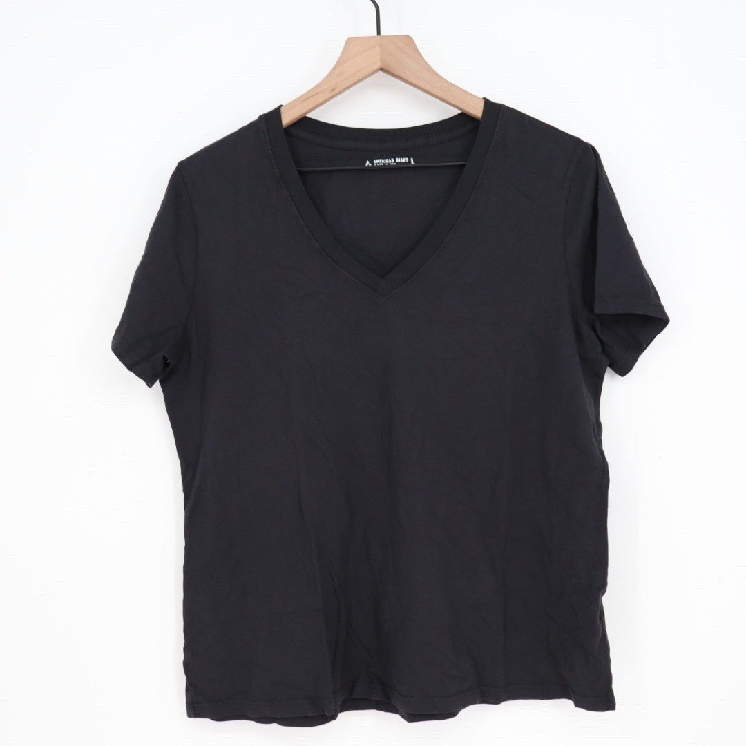 American Giant Black V Neck Short Sleeve T Shirt Women Size L Made in USA