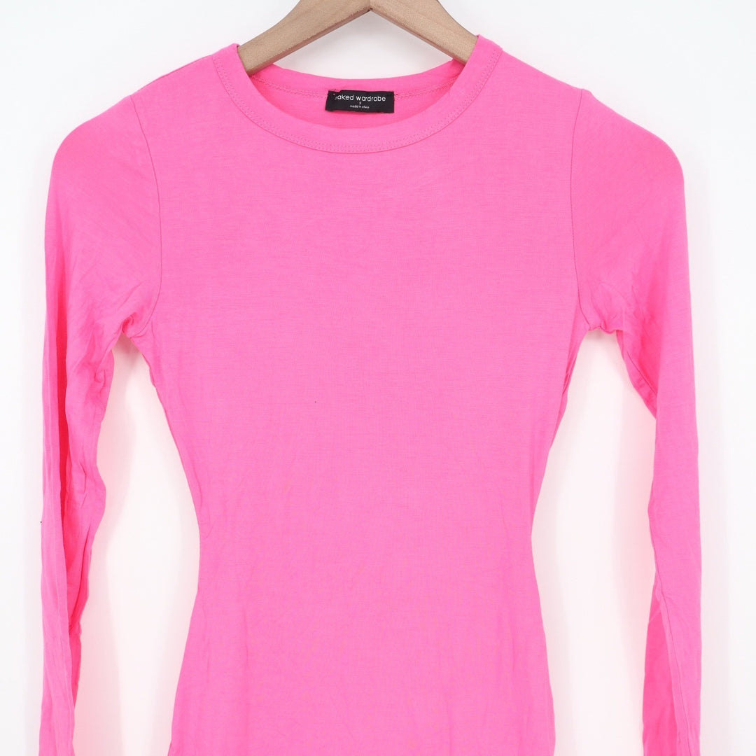 Naked Wardrobe Neon Pink Long Sleeve Mini Bodycon Dress Womens Size S