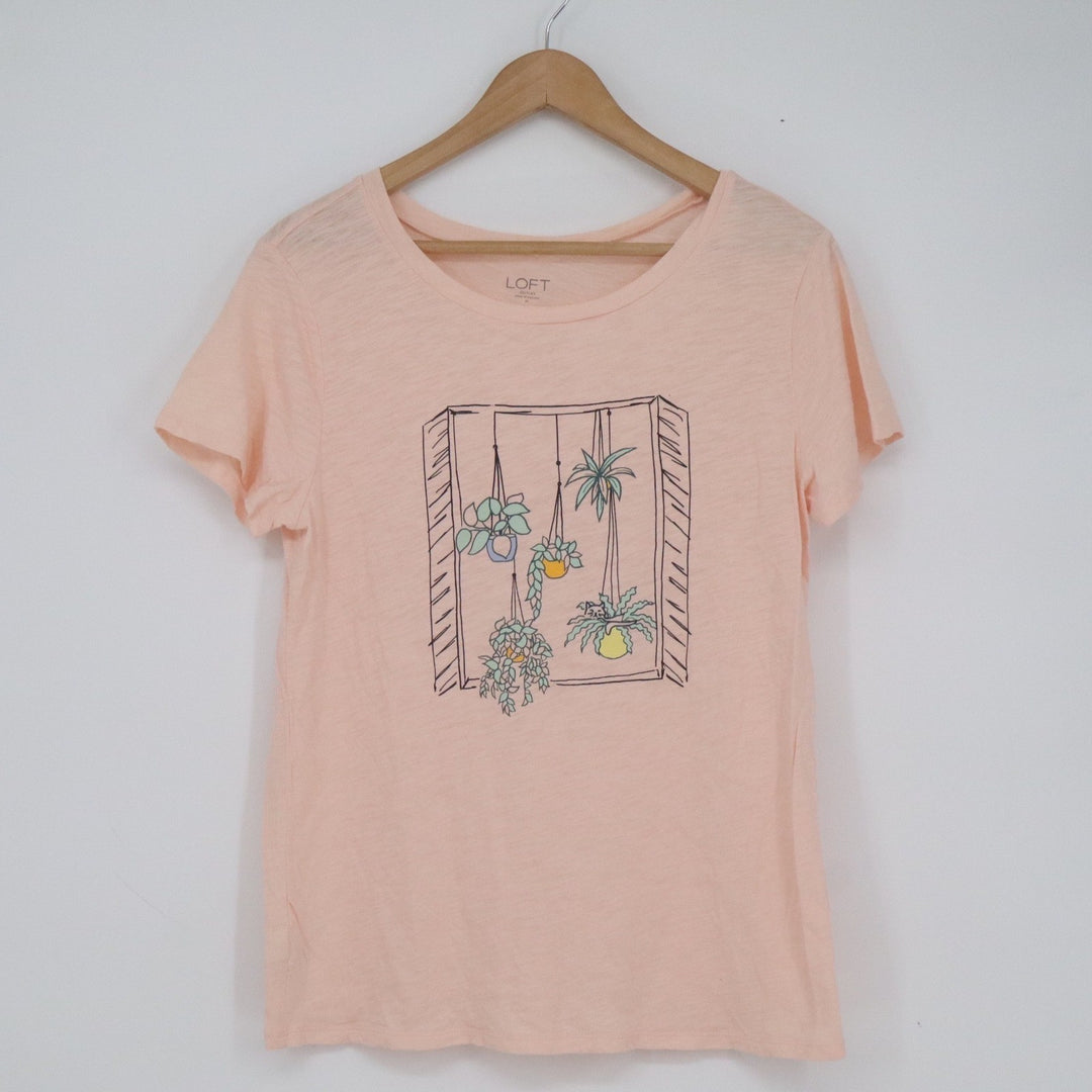 LOFT Outlet Peach Cotton Graphic Tee Potted Plants Short Sleeve Shirt Size M