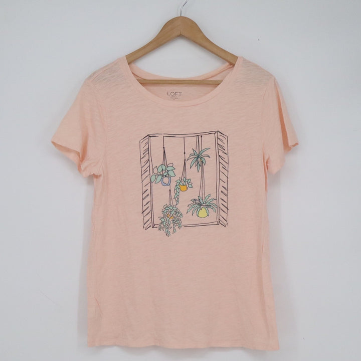LOFT Outlet Peach Cotton Graphic Tee Potted Plants Short Sleeve Shirt Size M