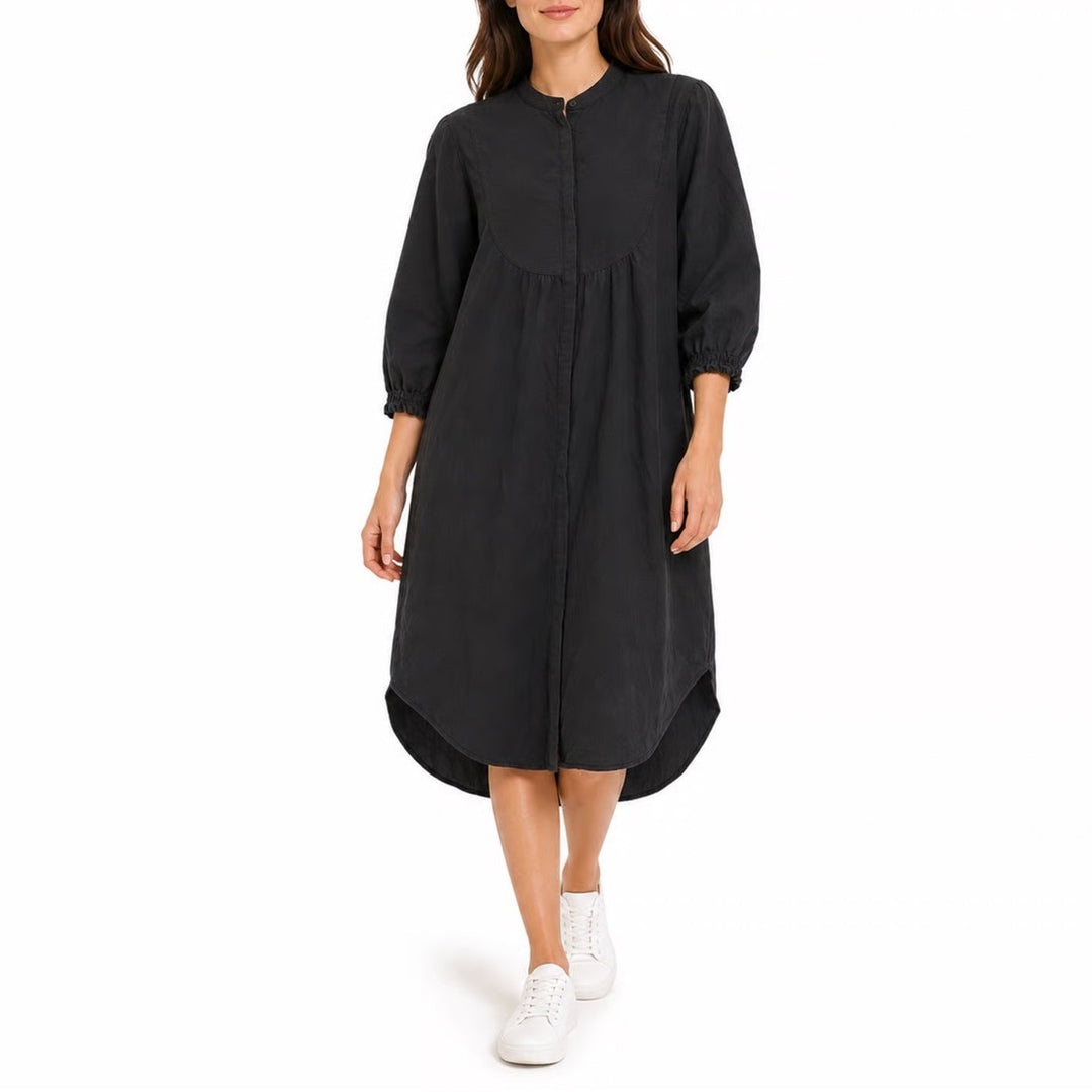 Soft Rebels Black Midi Shirt Dress XS Mandarin Collar Bib Front 3/4 Sleeve
