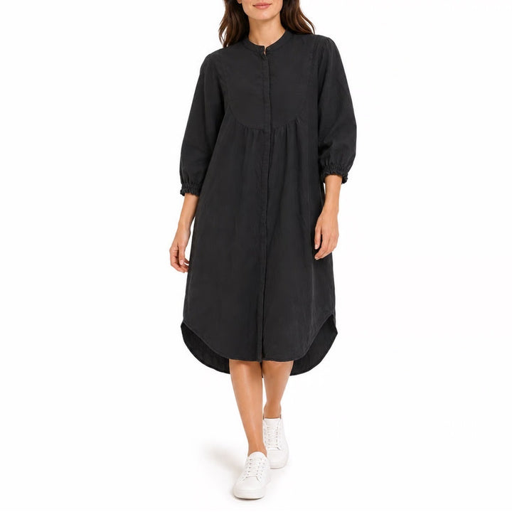 Soft Rebels Black Midi Shirt Dress XS Mandarin Collar Bib Front 3/4 Sleeve