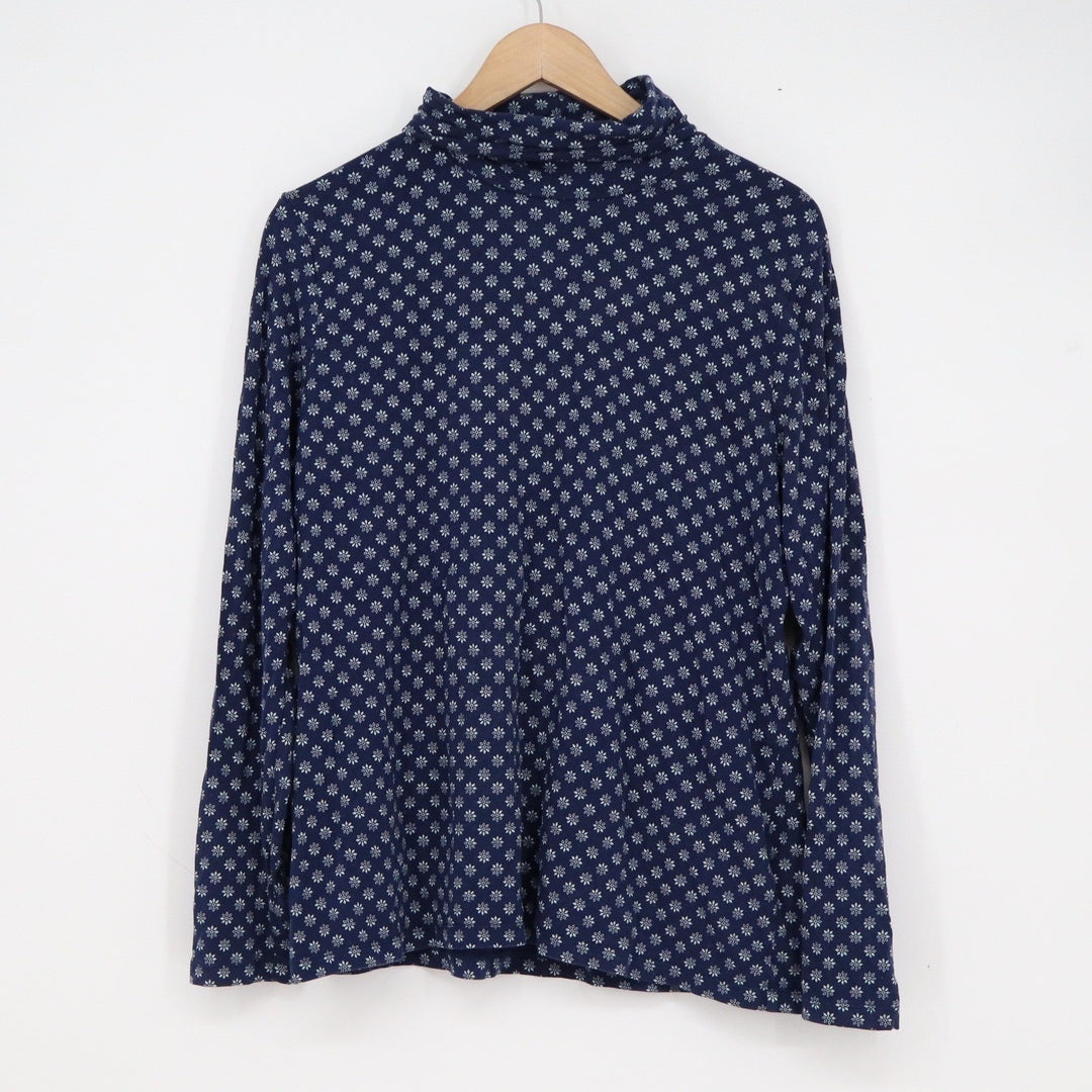 Lands End Womens XL Navy Blue Snowflake Print Mock Neck Long Sleeve Top