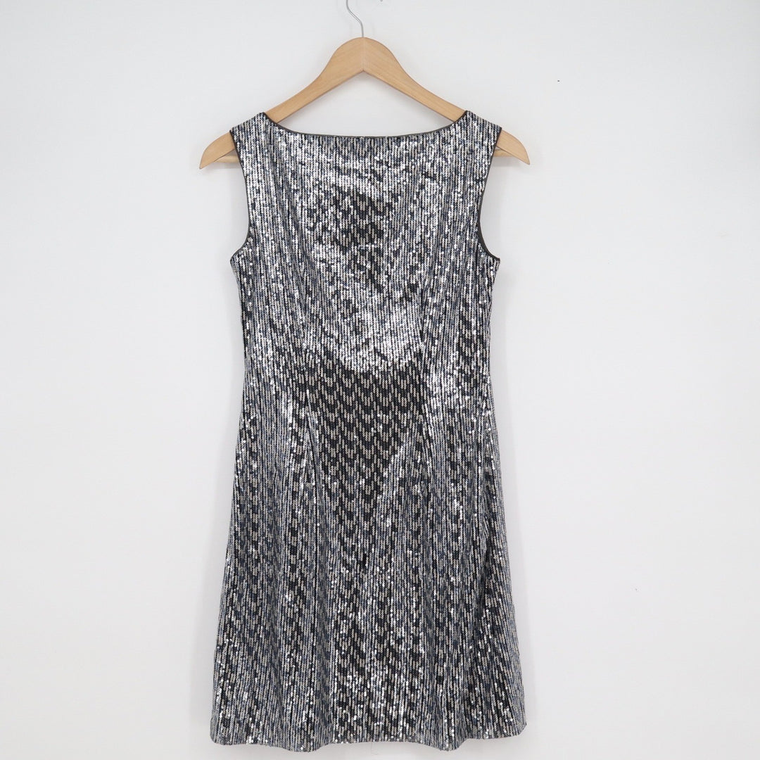 White House Black Market Silver Sequin Sleeveless Boat Neck Shift Dress XXS