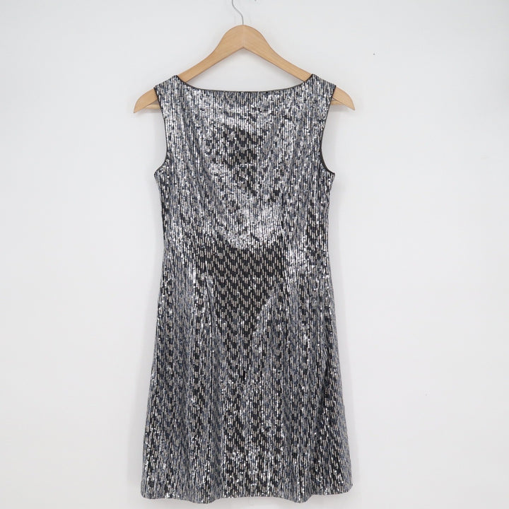 White House Black Market Silver Sequin Sleeveless Boat Neck Shift Dress XXS