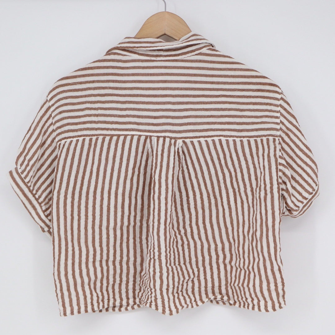 Love Notes Brown White Striped Cotton Gauze Cropped Button Down Shirt Large